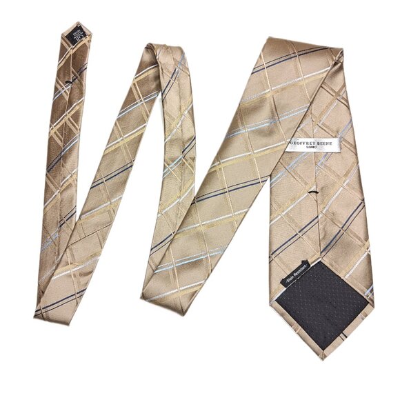 Geoffrey Beene Silk Tie Mens X-Long 65” Taupe Navy Plaid Western Preppy Wide New - Picture 3 of 4